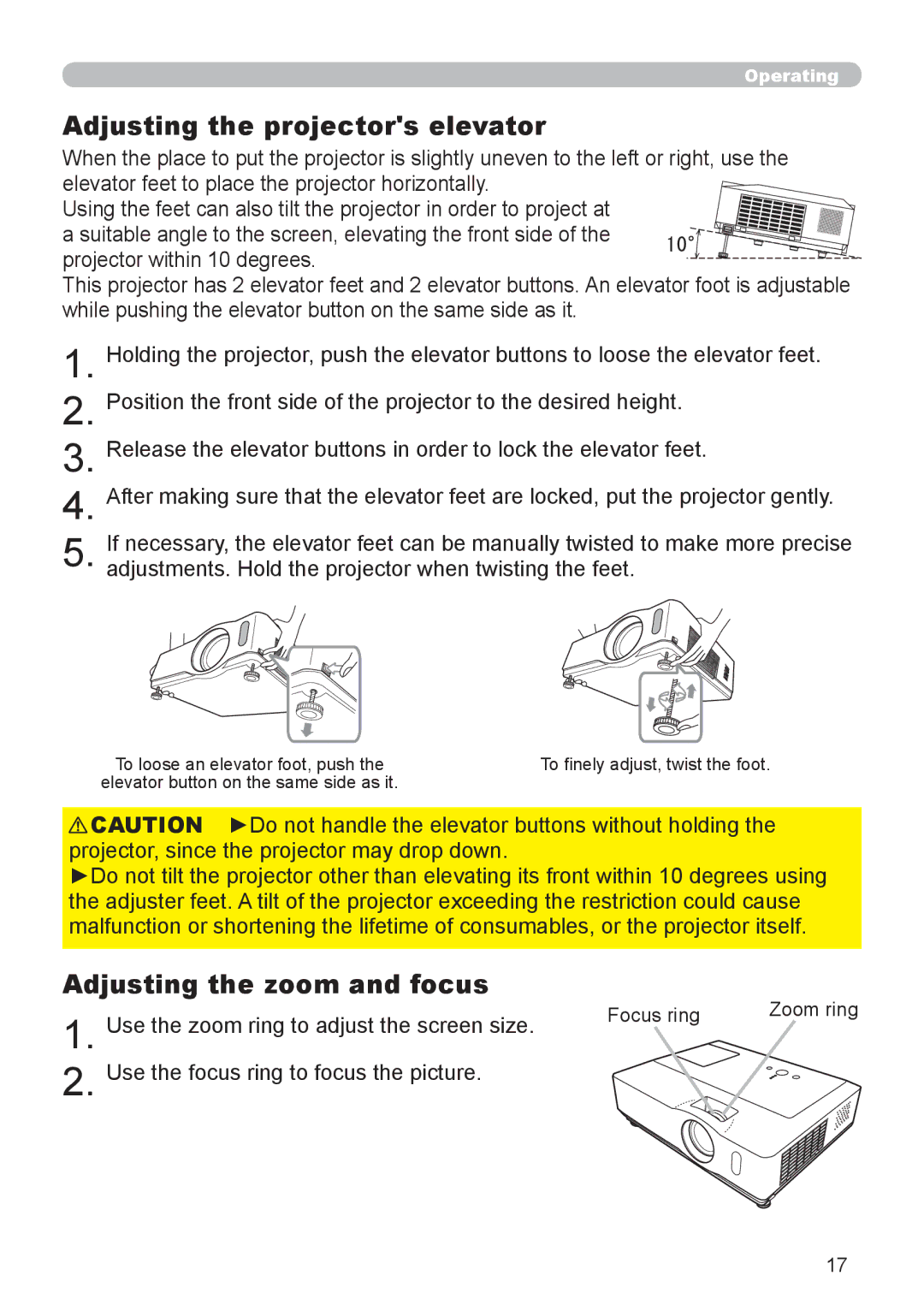 Hitachi 8916 user manual Adjusting the projectors elevator, Adjusting the zoom and focus, Focus ring 