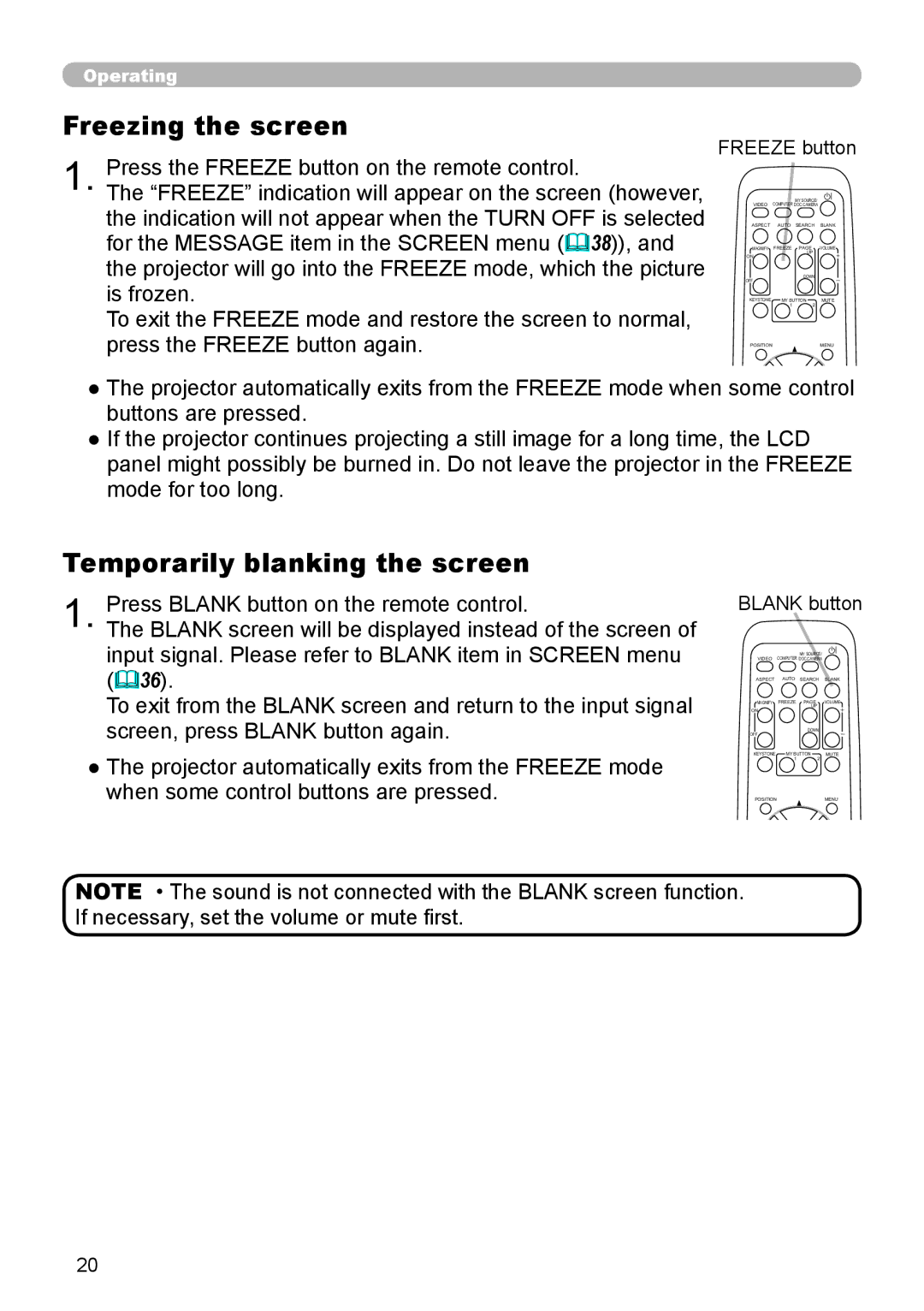 Hitachi 8916 user manual Freezing the screen, Temporarily blanking the screen, Freeze button, Blank button 