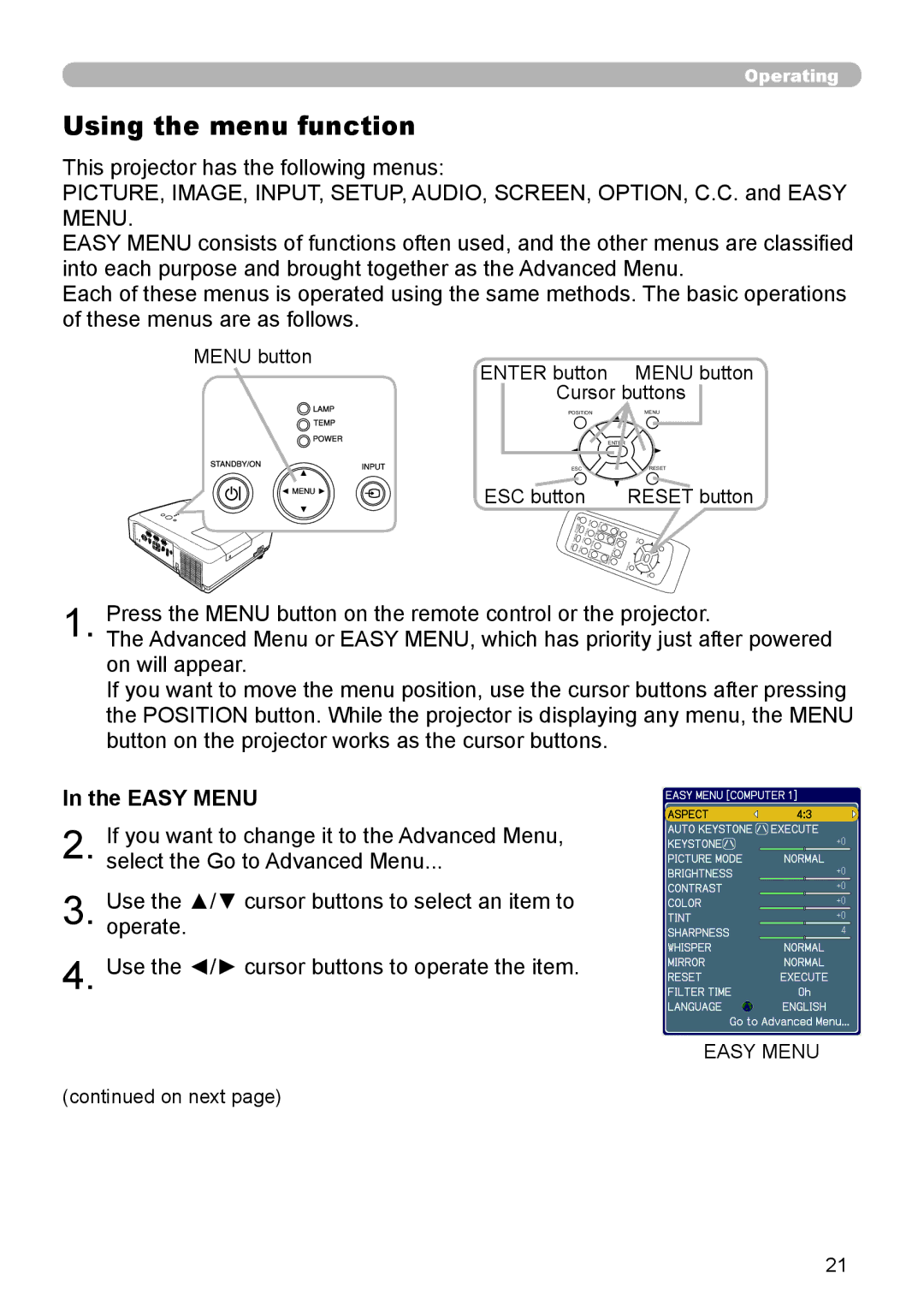 Hitachi 8916 user manual Using the menu function, Easy Menu, Menu button, Cursor buttons, ESC button Reset button 