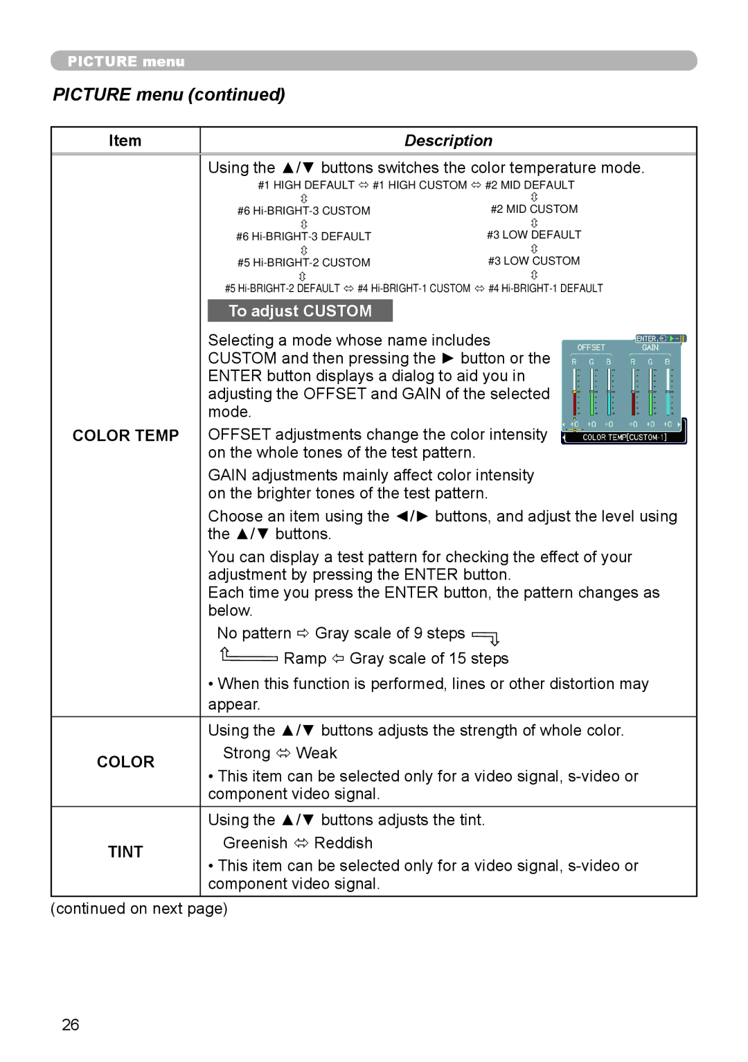 Hitachi 8916 user manual Picture menu, Color Temp 