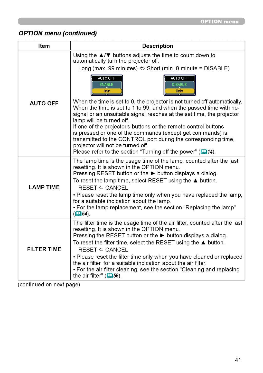 Hitachi 8916 user manual Option menu, Auto OFF, Lamp Time 