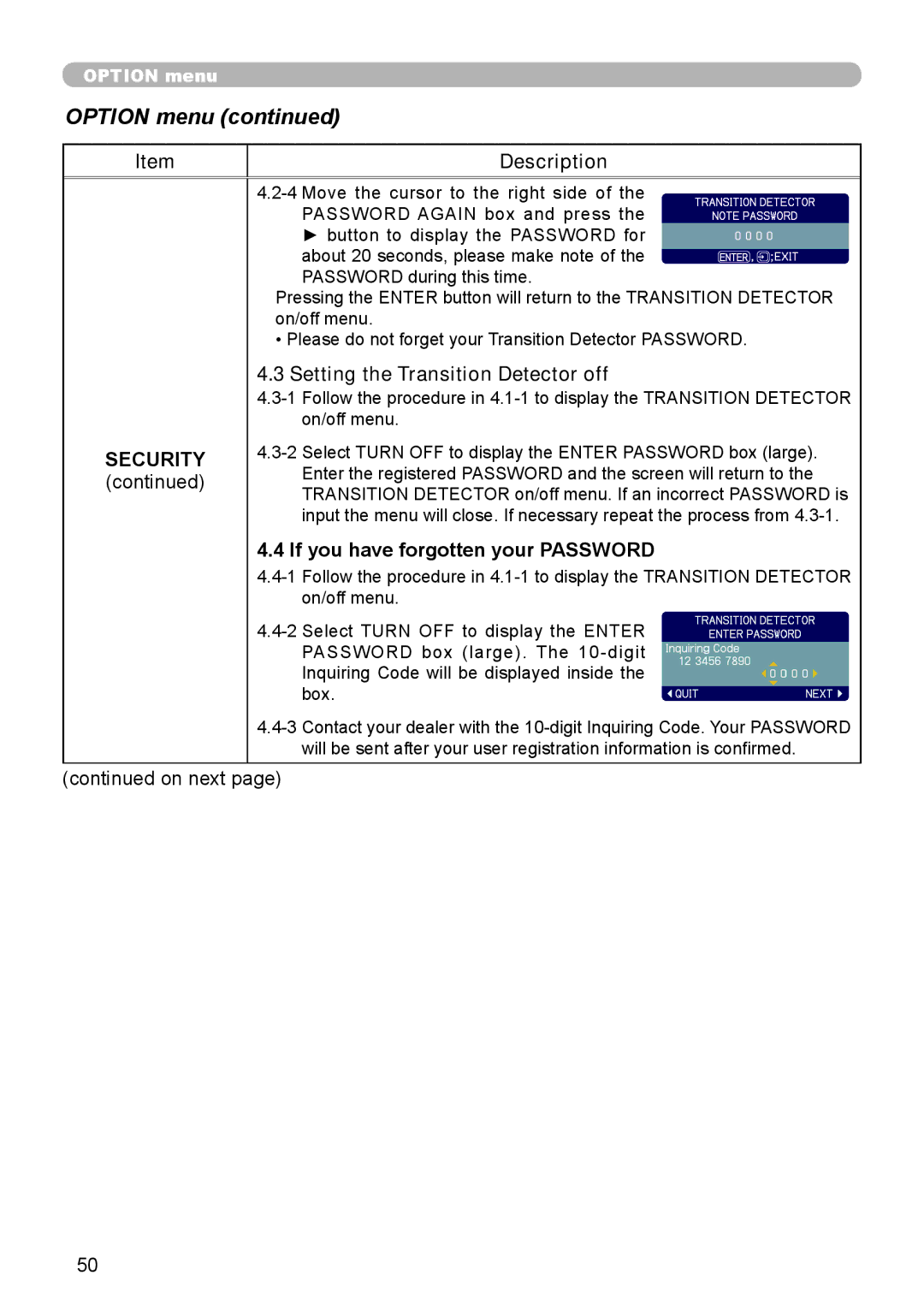 Hitachi 8916 user manual Setting the Transition Detector off, If you have forgotten your Password 