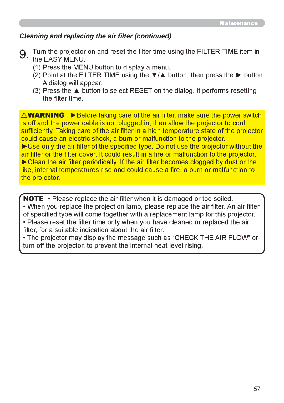 Hitachi 8916 user manual Cleaning and replacing the air filter 