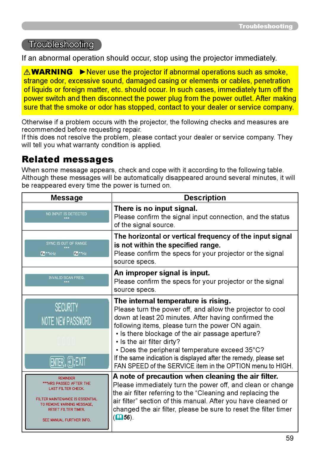 Hitachi 8916 user manual Troubleshooting, Related messages 