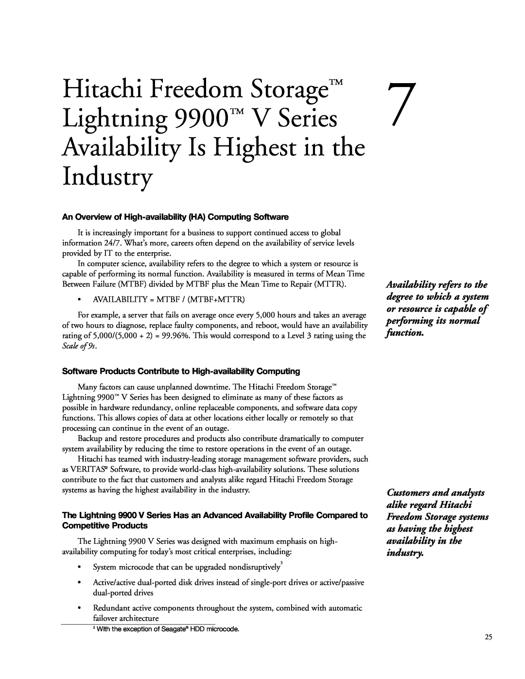 Hitachi manual Availability Is Highest in the Industry, Hitachi Freedom Storage, Lightning 9900 V Series 