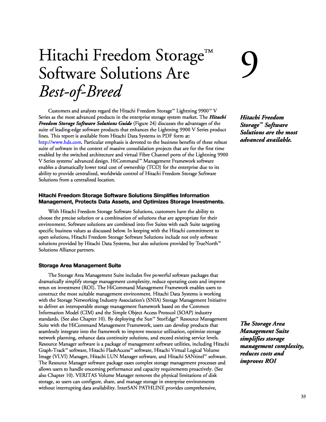Hitachi 9900 manual Software Solutions Are, Hitachi Freedom Storage, Best-of-Breed, Storage Area Management Suite 