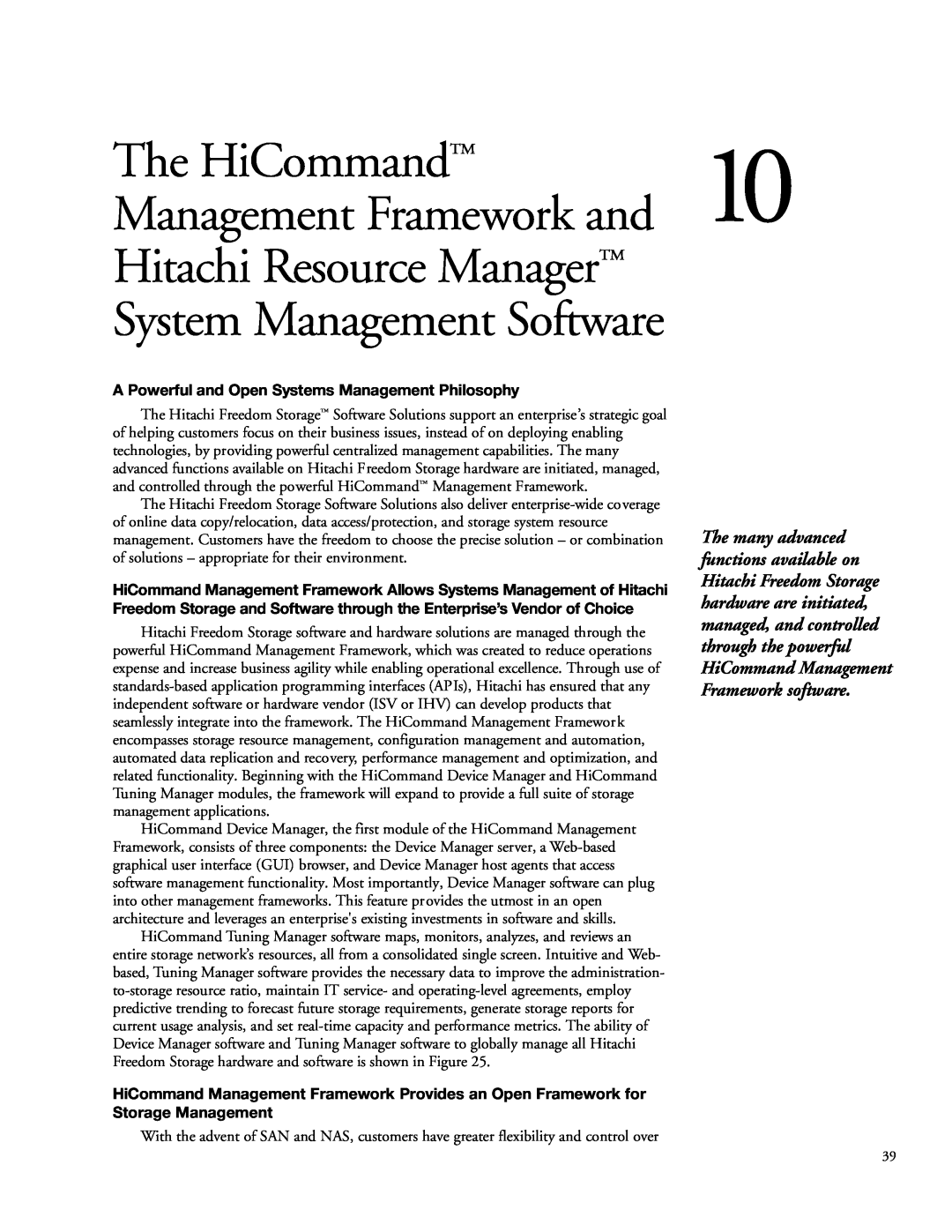 Hitachi 9900 manual The HiCommand, Management Framework and, A Powerful and Open Systems Management Philosophy 