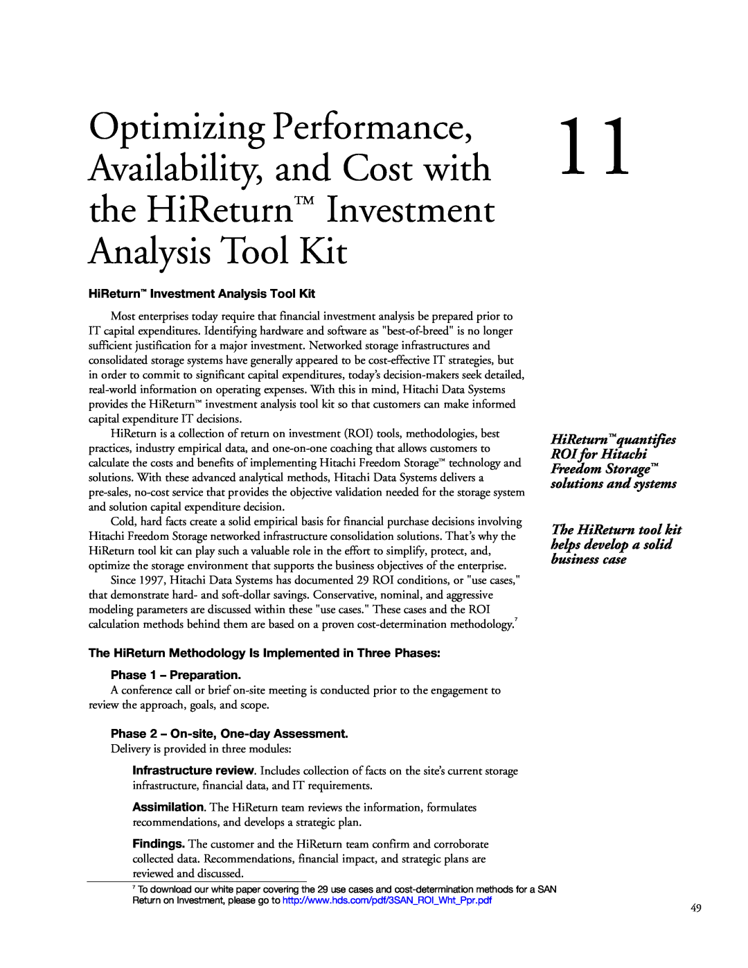 Hitachi 9900 manual Optimizing Performance, Availability, and Cost with, the HiReturn Investment Analysis Tool Kit 