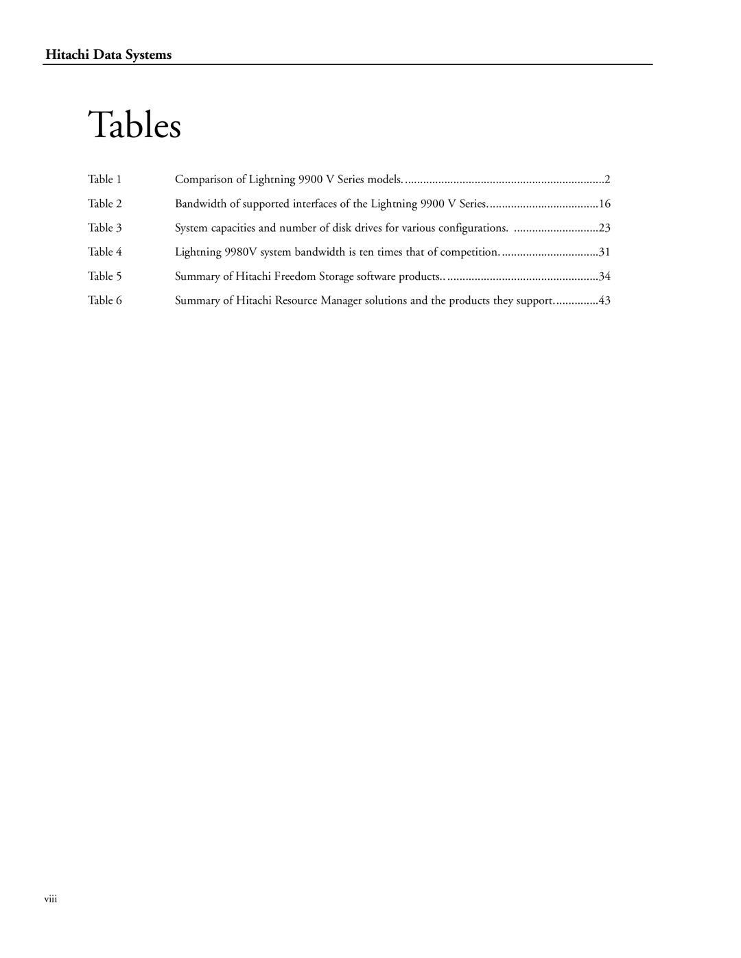 Hitachi 9900 manual Tables 