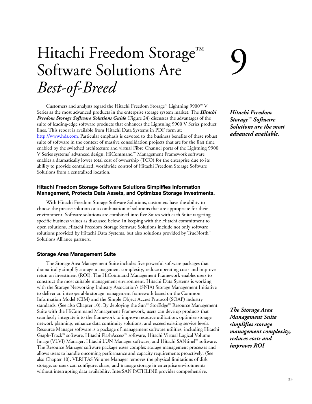 Hitachi 9900 manual Hitachi Freedom Storage Software Solutions Are, Storage Area Management Suite 