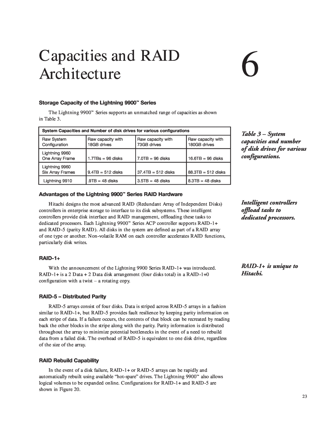 Hitachi 9960 manual Capacities and RAID Architecture, Storage Capacity of the Lightning 9900 Series, RAID-1+ 