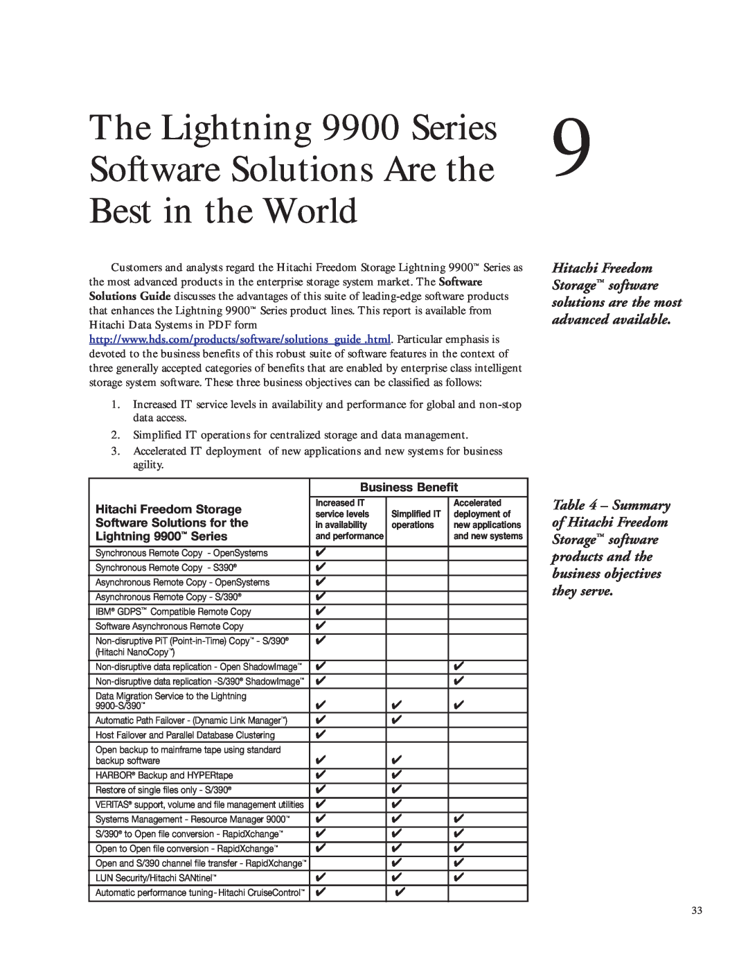 Hitachi 9960 manual Software Solutions Are the, Best in the World, The Lightning 9900 Series, Business Benefit 