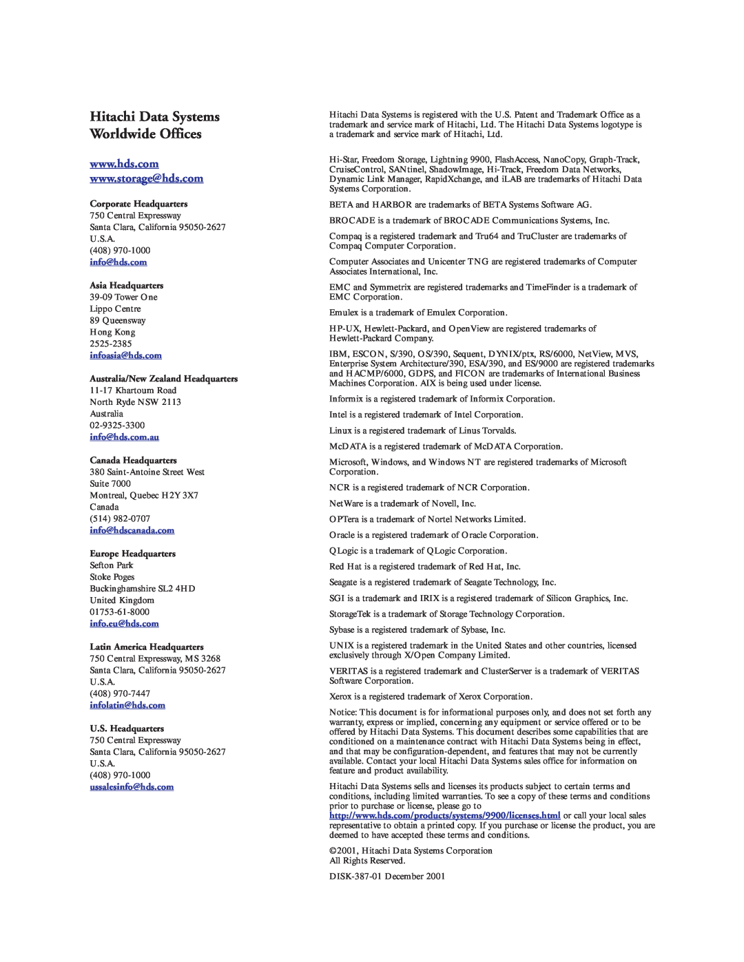 Hitachi 9960 manual Hitachi Data Systems Worldwide Offices, Corporate Headquarters, Asia Headquarters, Canada Headquarters 