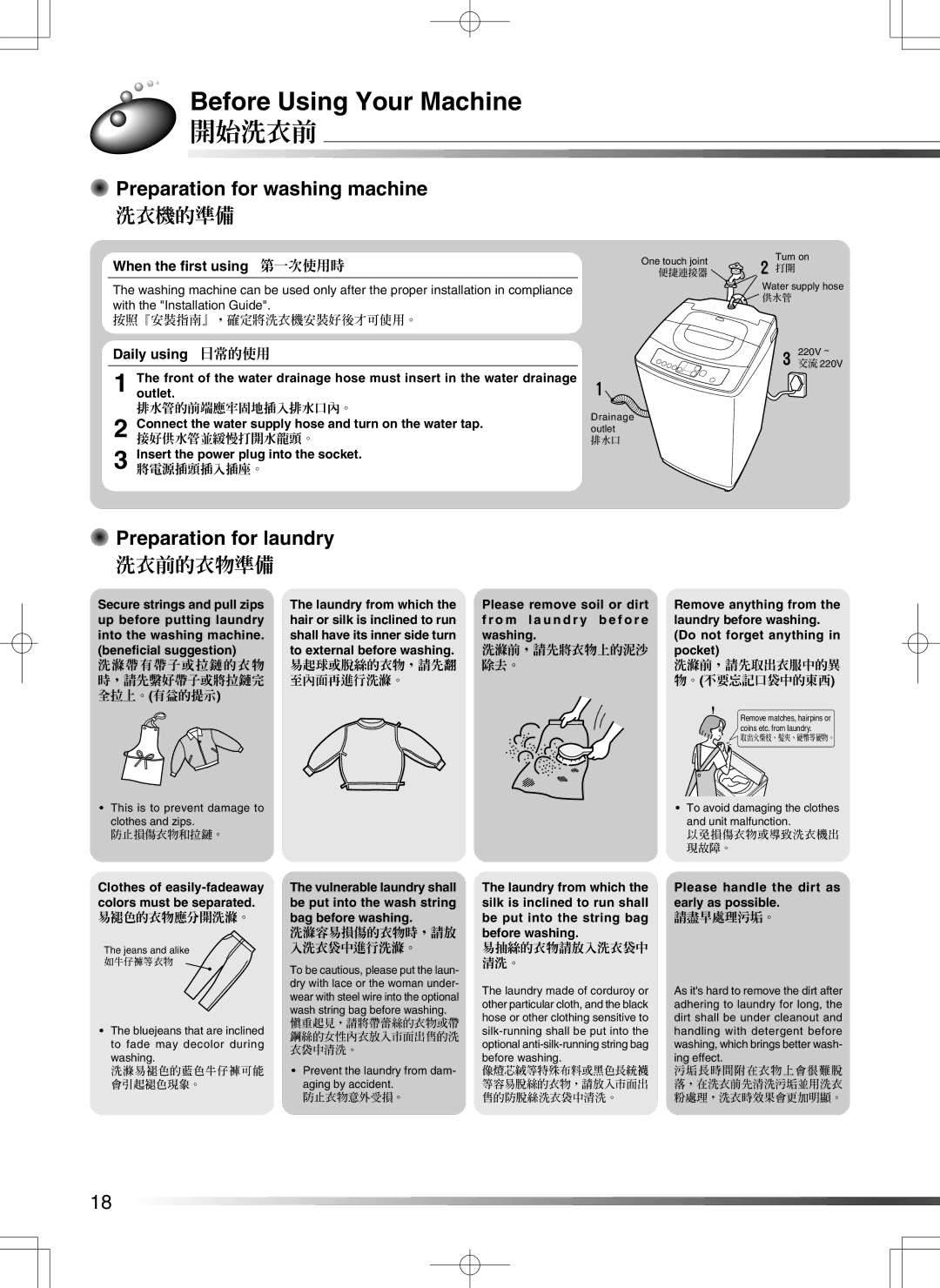 Hitachi AJ-S55GZ user manual Before Using Your Machine, 開始洗衣前, Preparation for washing machine, Preparation for laundry 