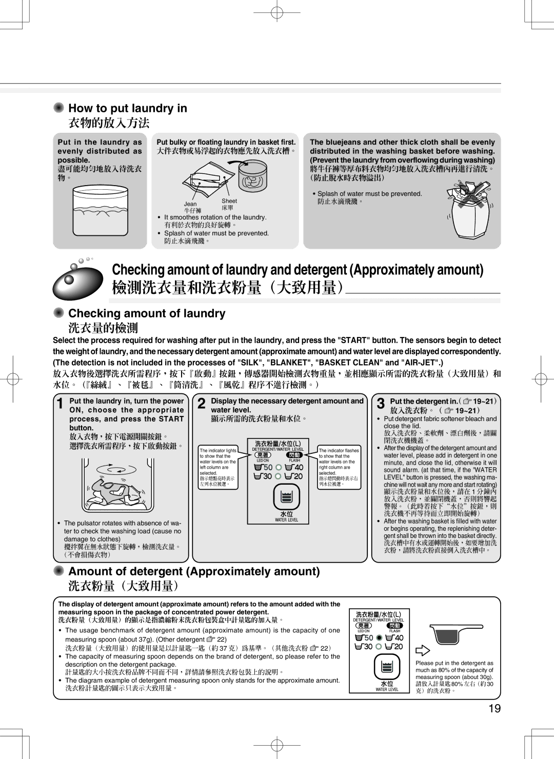 Hitachi AJ-S55GZ user manual Amount of detergent Approximately amount, 洗衣粉量（大致用量）, 衣物的放入方法, 盡可能均勻地放入待洗衣 