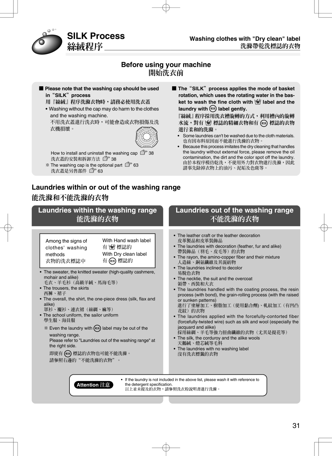 Hitachi AJ-S55GZ user manual Silk Process, 絲絨程序, Before using your machine, 開始洗衣前 