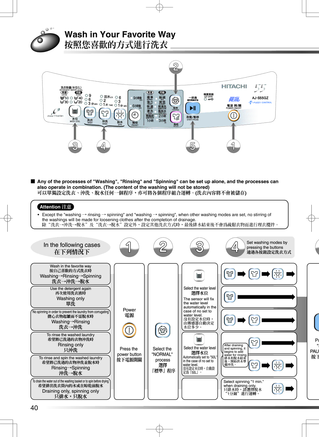 Hitachi AJ-S55GZ user manual Wash in Your Favorite Way, 按照您喜歡的方式進行洗衣, 可以單獨設定洗衣、沖洗、脫水任何一個程序，亦可將各個程序組合運轉。洗衣內容將不會被儲存 