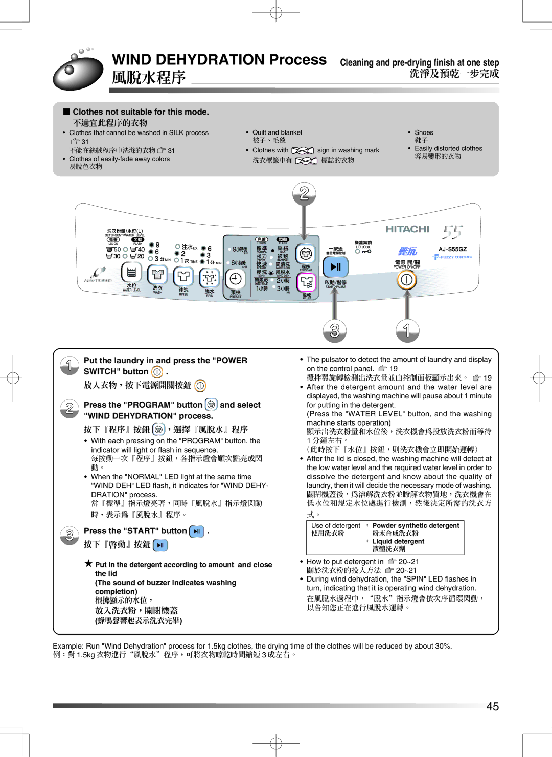 Hitachi AJ-S55GZ user manual Wind Dehydration Process, Cleaning and pre-drying finish at one step, 洗淨及預乾一步完成 