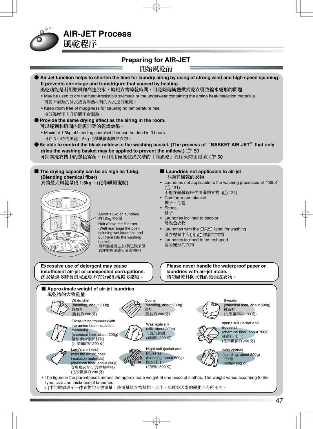 Hitachi AJ-S55GZ user manual AIR-JET Process, 風乾程序, Preparing for AIR-JET, 開始風乾前 