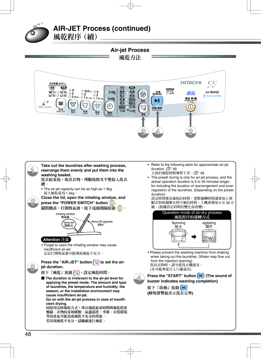 Hitachi AJ-S55GZ user manual 風乾程序（續）, Air-jet Process, 風乾方法, Press the AIR-JET button to set the air- jet duration 