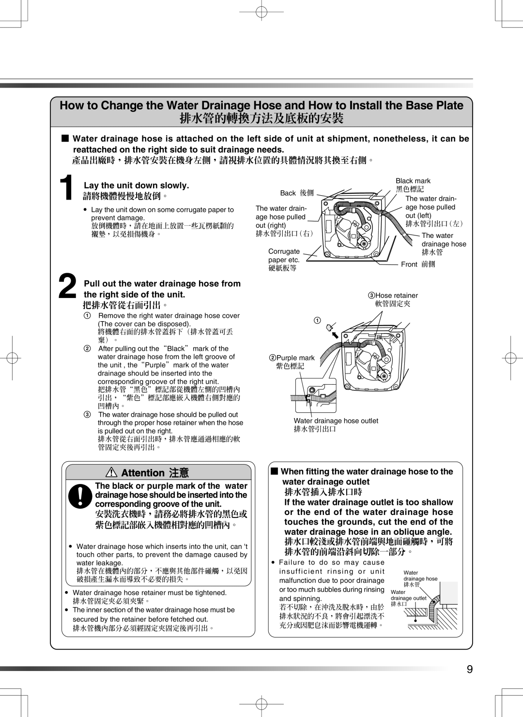 Hitachi AJ-S55GZ user manual 把排水管從右面引出。, 排水管插入排水口時 