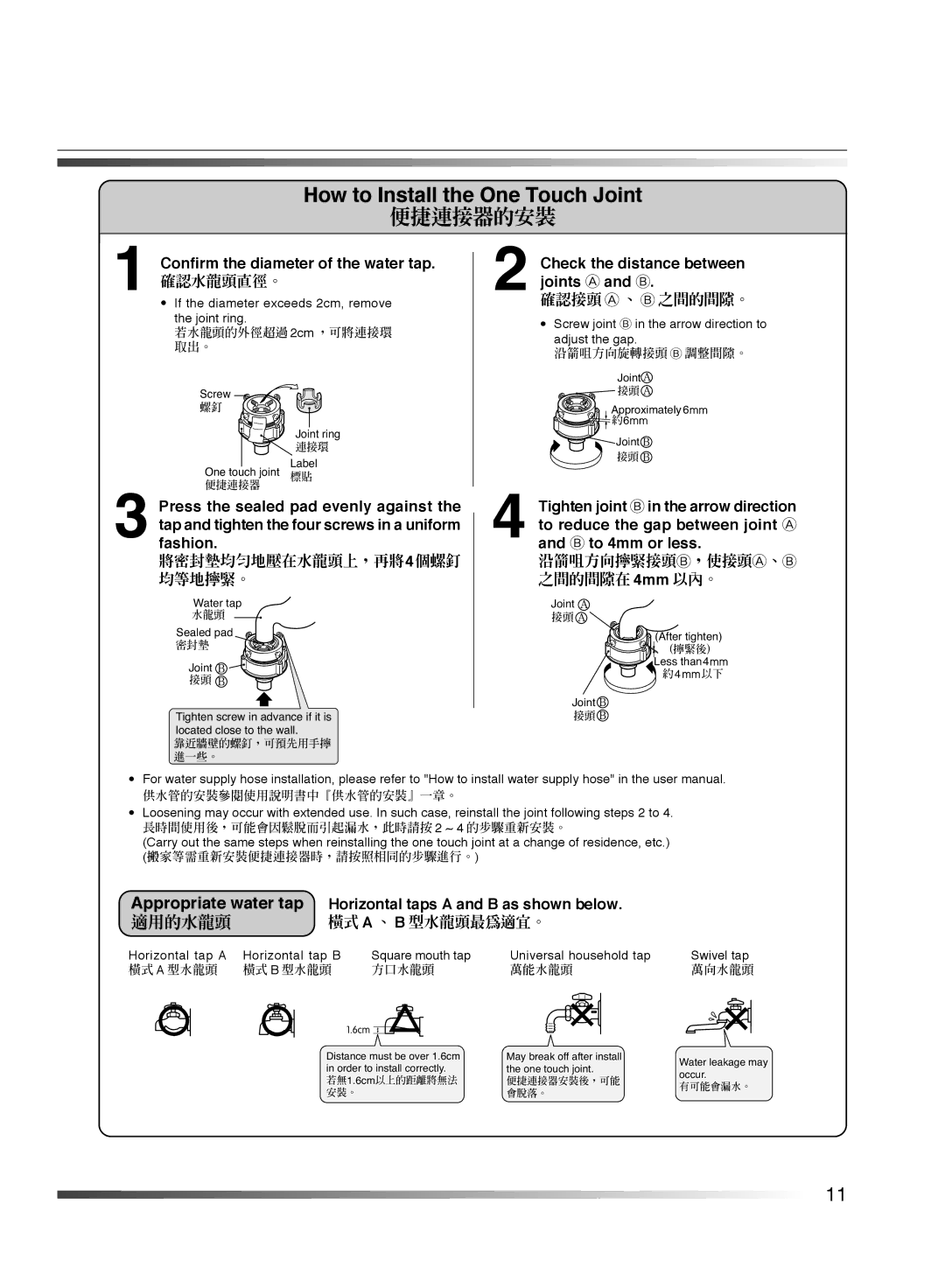 Hitachi AJ-S55KR user manual 適用的水龍頭 