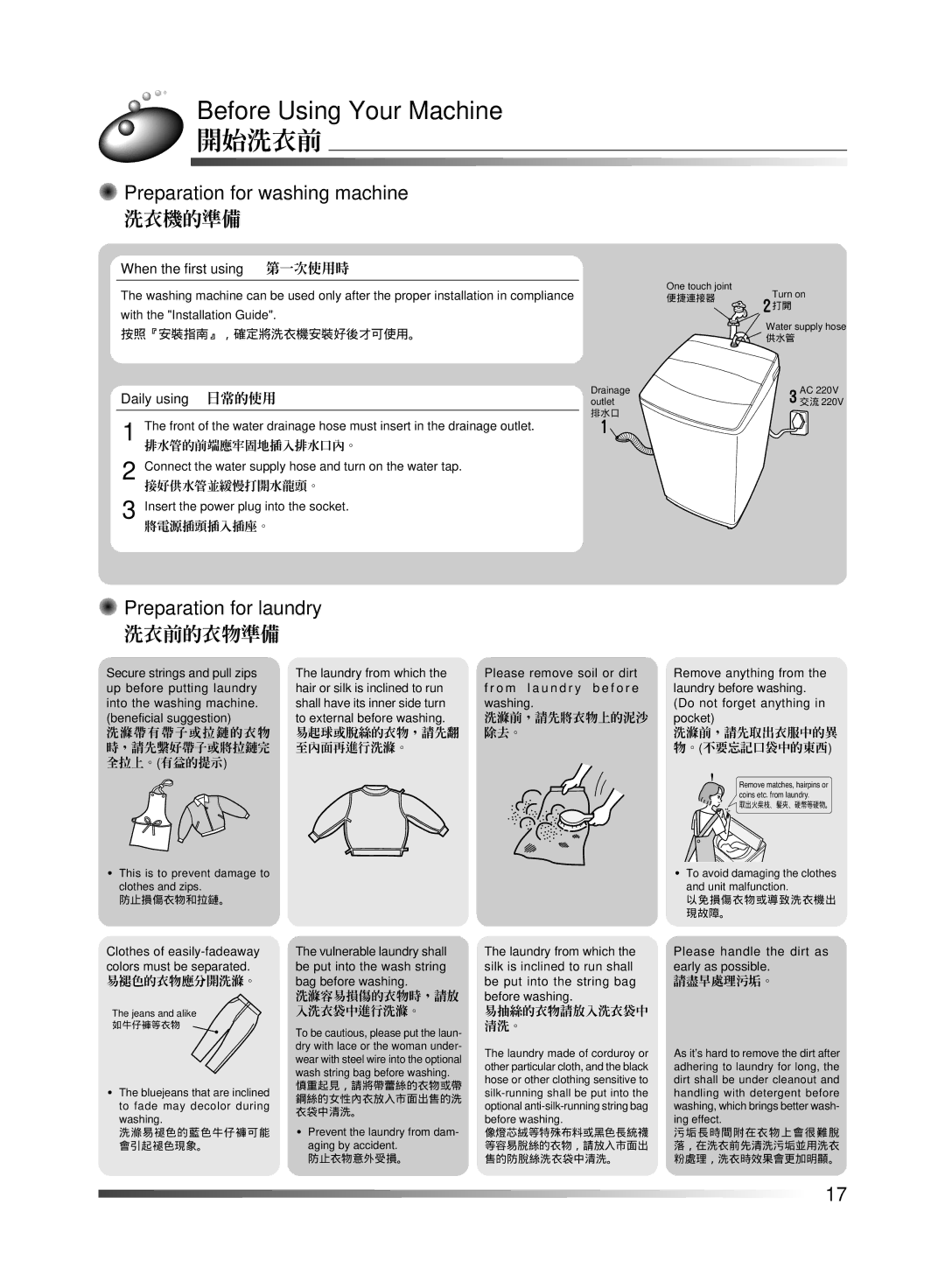 Hitachi AJ-S55KR user manual Before Using Your Machine, 開始洗衣前, Preparation for washing machine, Preparation for laundry 