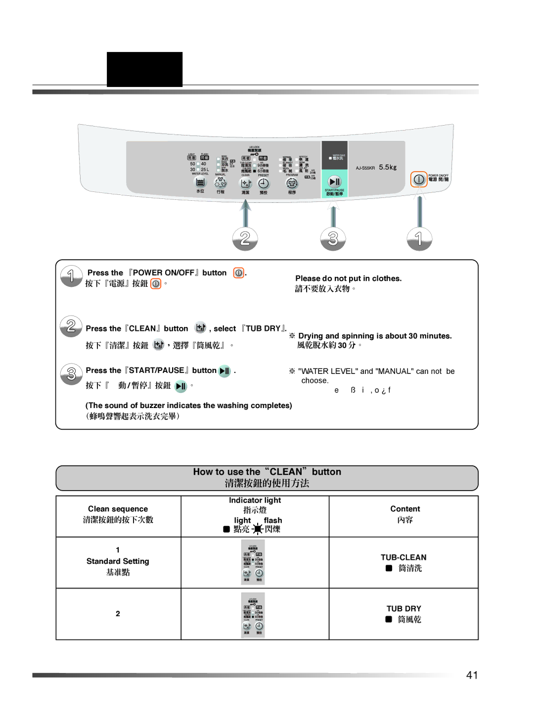 Hitachi AJ-S55KR user manual 筒風乾程序, How to use theCLEANbutton, 清潔按鈕的使用方法 