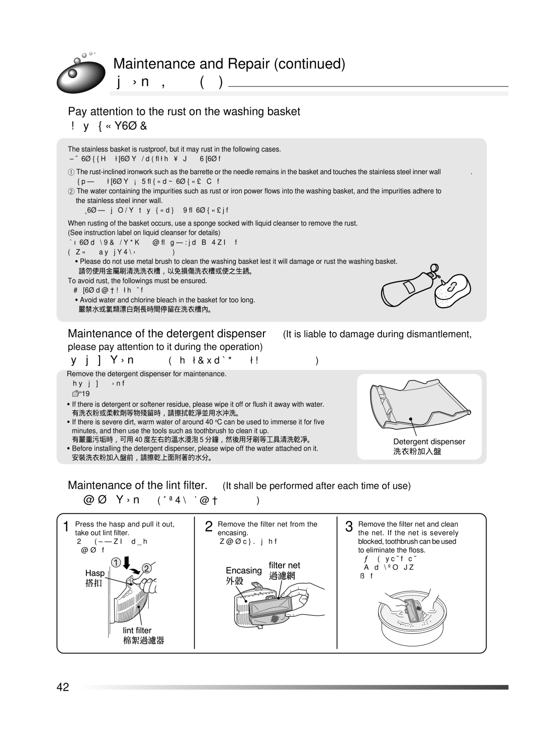 Hitachi AJ-S55KR Maintenance and Repair 維護保養方法續, Pay attention to the rust on the washing basket, 洗衣粉加入盤的保養拆下時易損壞，操作時請加以注意 