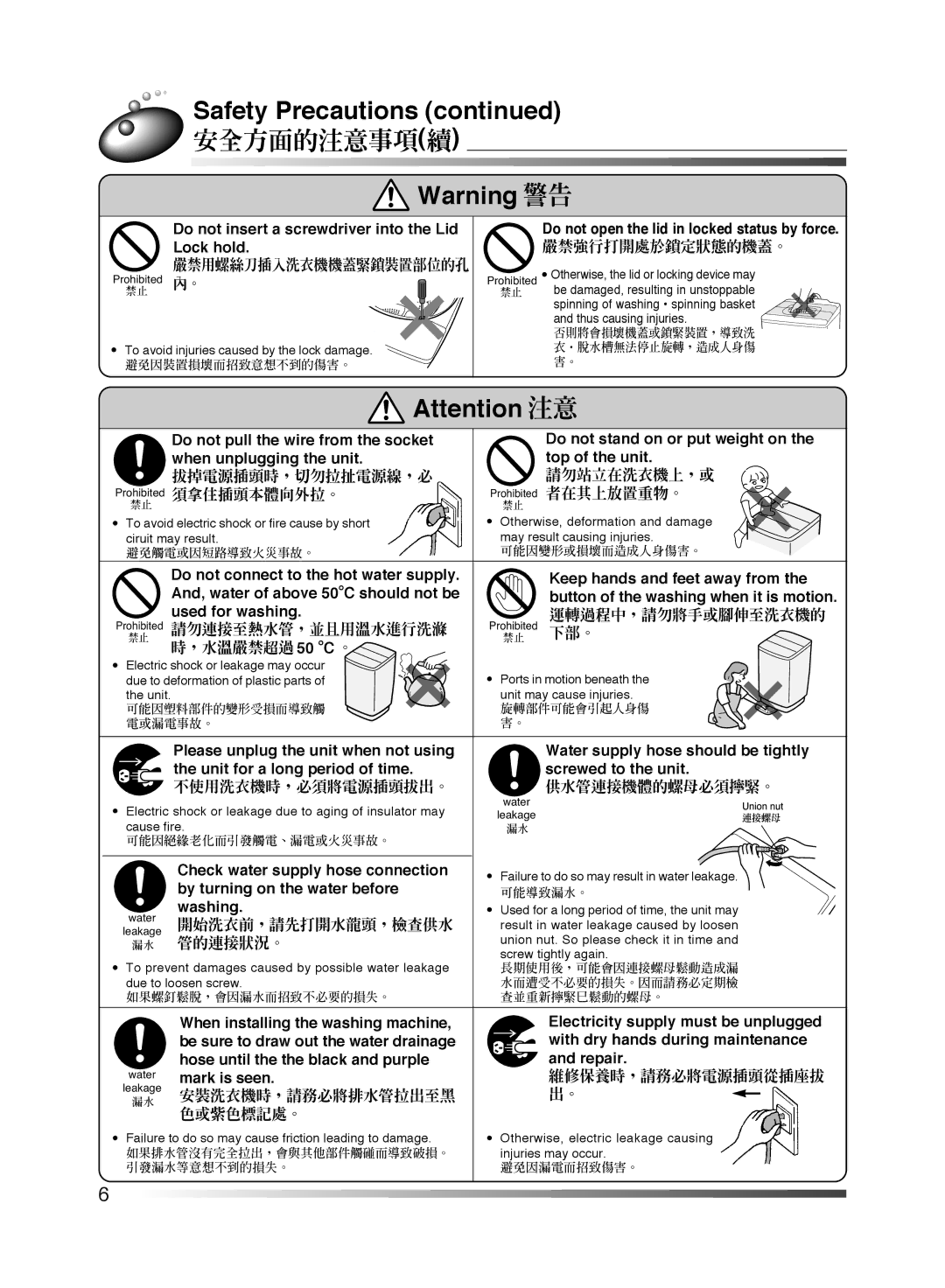 Hitachi AJ-S55KR user manual Safety Precautions 安全方面的注意事項續, 嚴禁用螺絲刀插入洗衣機機蓋緊鎖裝置部位的孔, 嚴禁強行打開處於鎖定狀態的機蓋。 