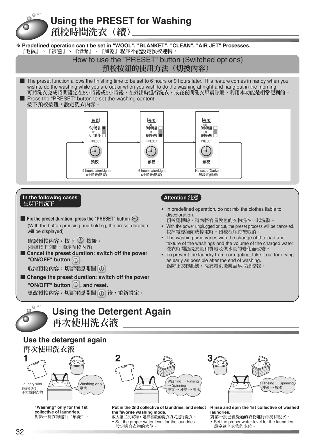 Hitachi AJ-S70KXP, AJ-S65KXP user manual 預校時間洗衣（續）, Using the Detergent Again, 再次使用洗衣液, Use the detergent again 