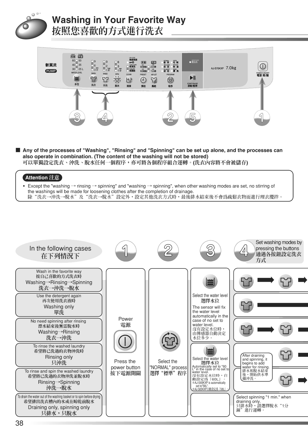 Hitachi AJ-S70KXP, AJ-S65KXP user manual Washing in Your Favorite Way, 按照您喜歡的方式進行洗衣 