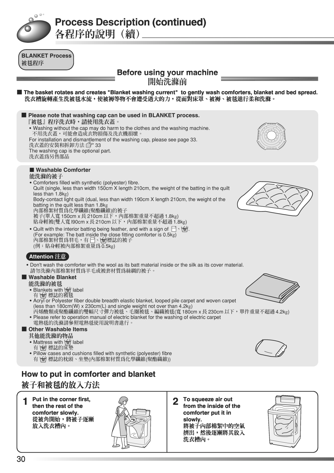 Hitachi AJ-S70KXP 開始洗滌前, How to put in comforter and blanket, 被子和被毯的放入方法, Process Description continued, 各程序的說明（續）, 被毯程序 