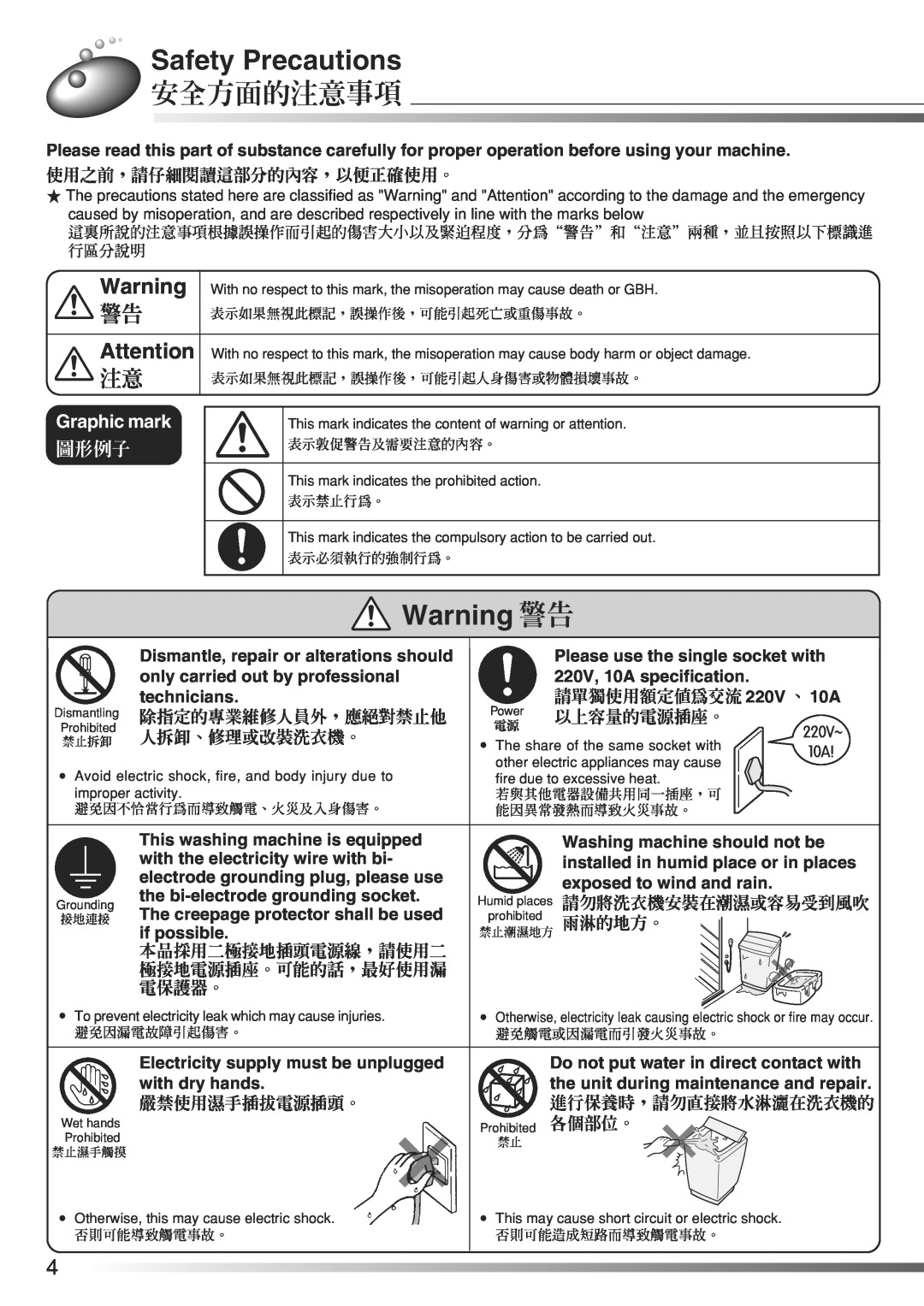 Hitachi AJ-S65KXP, AJ-S70KXP Safety Precautions, 安全方面的注意事項, Warning 警告, Graphic mark, 圖形例子, 使用之前，請仔細閱讀這部分的內容，以便正確使用。 