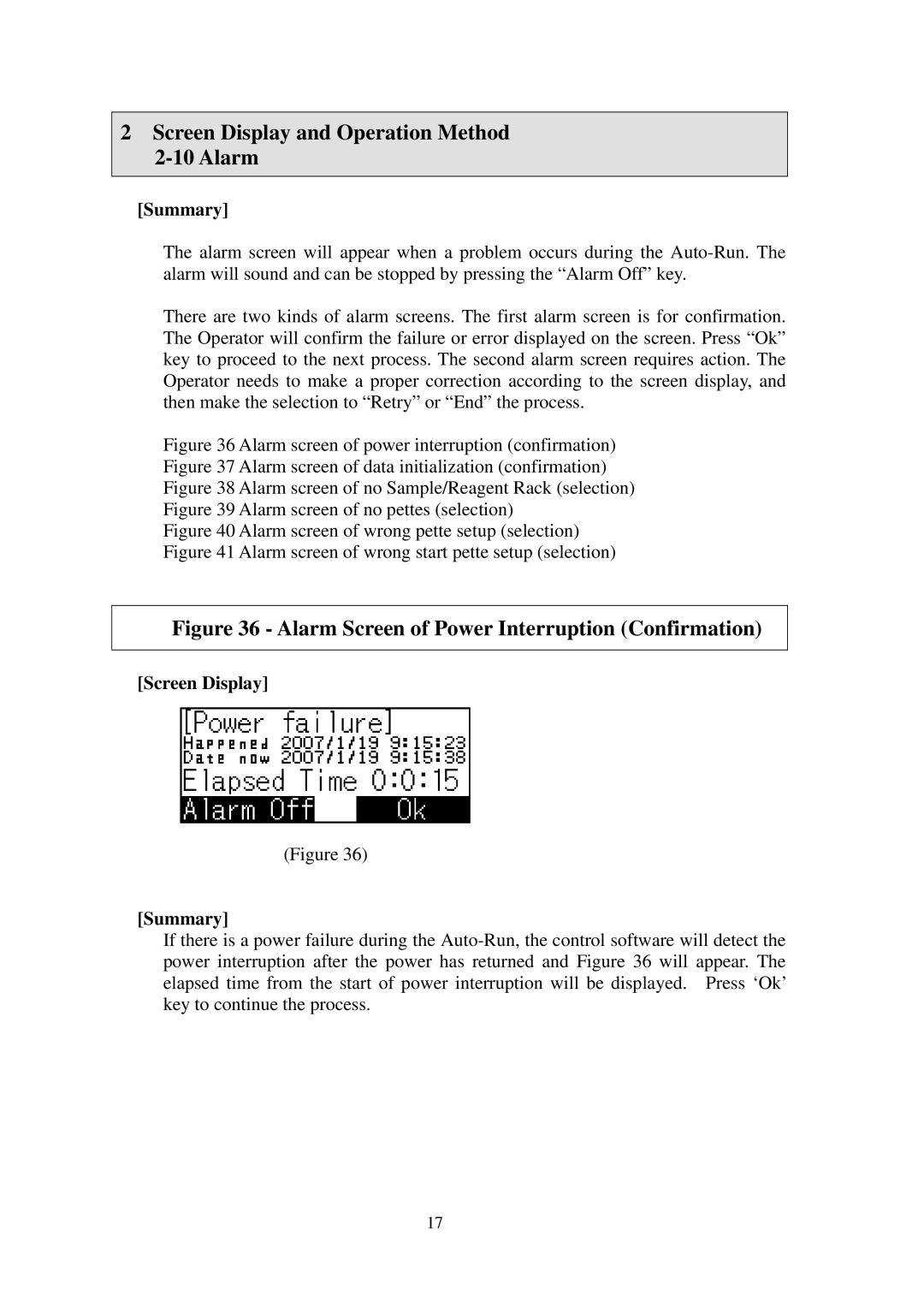 Hitachi AP 720STM manual Screen Display and Operation Method 2-10 Alarm, Alarm Screen of Power Interruption Confirmation 