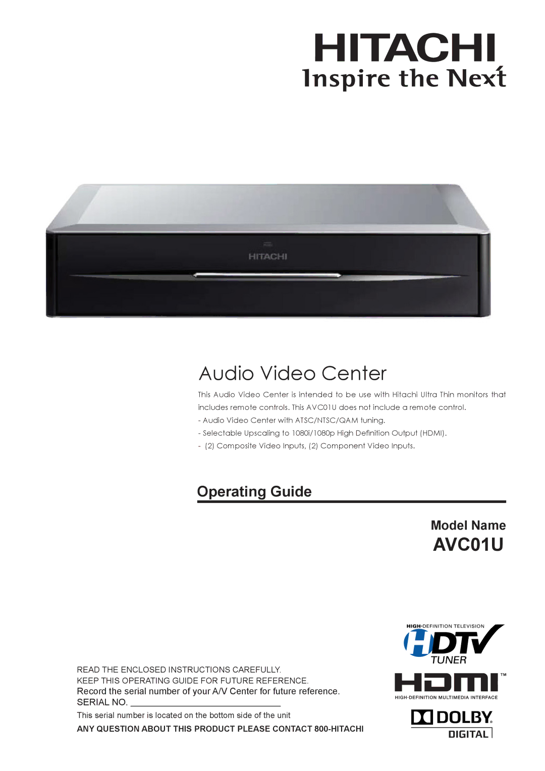 Hitachi AVC01U manual Audio Video Center 