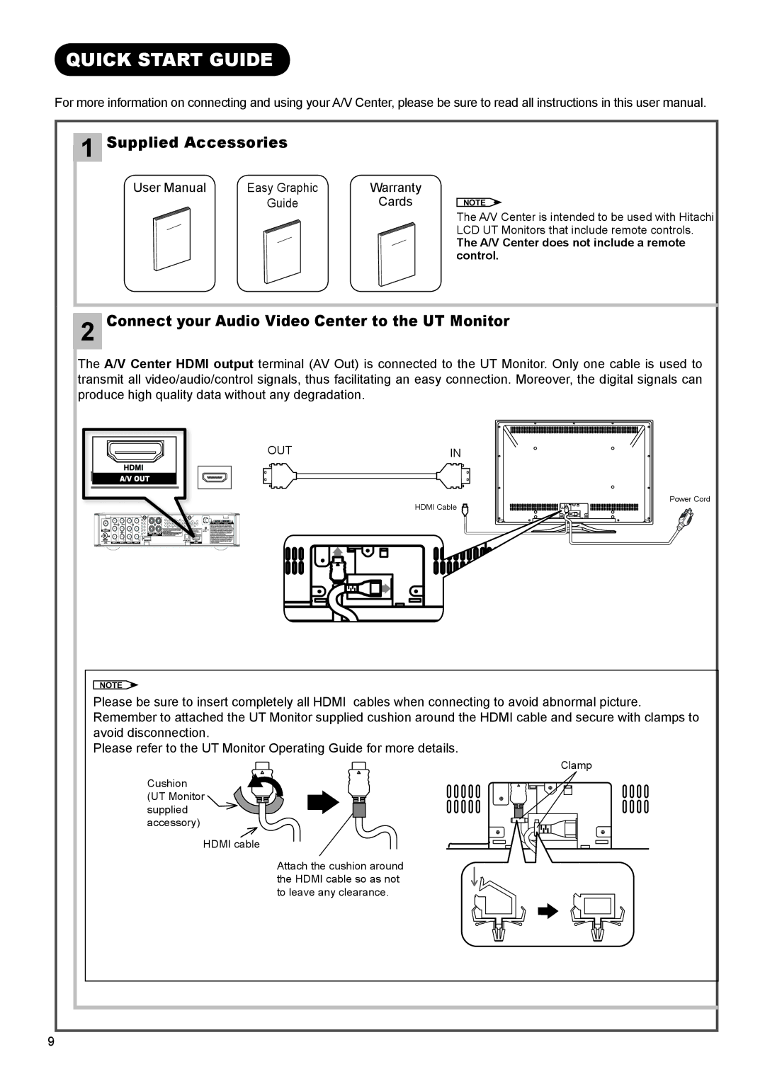 Hitachi AVC01U manual Quick Start Guide, Supplied Accessories, Connect your Audio Video Center to the UT Monitor 