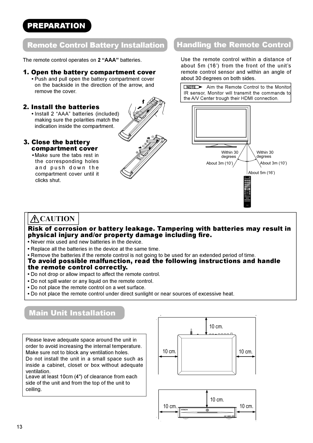 Hitachi AVC01U manual Preparation, Remote Control Battery Installation, Handling the Remote Control, Main Unit Installation 