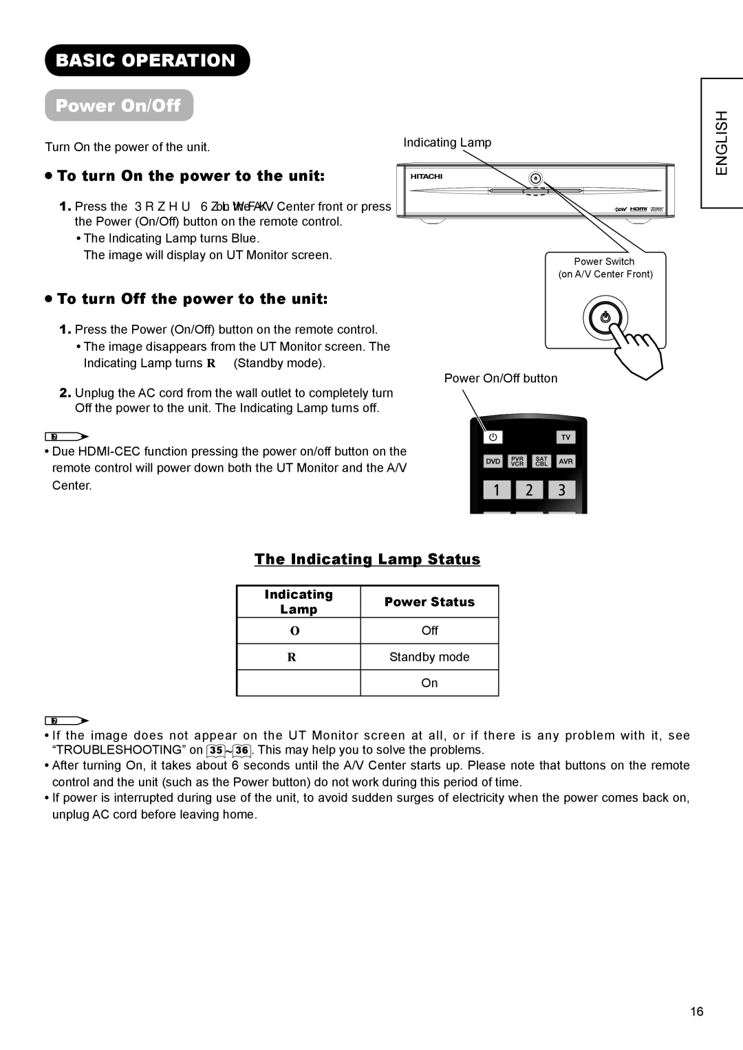 Hitachi AVC01U manual Basic Operation, Power On/Off, To turn On the power to the unit, To turn Off the power to the unit 