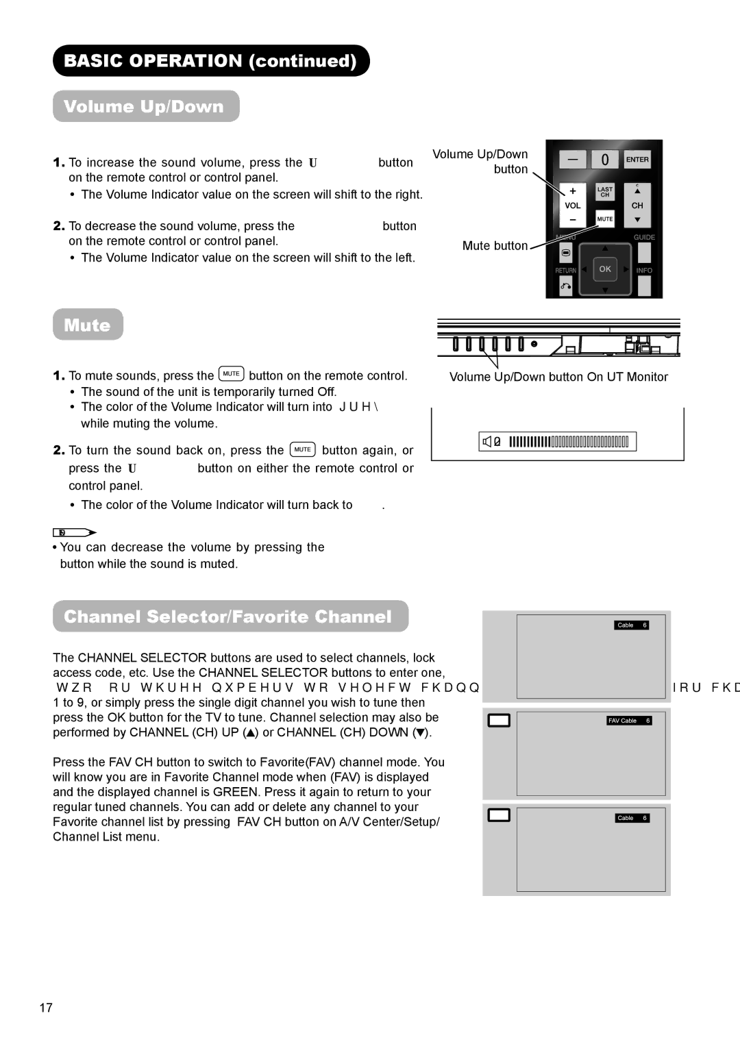 Hitachi AVC01U manual Basic Operation Volume Up/Down, Mute, Channel Selector/Favorite Channel 