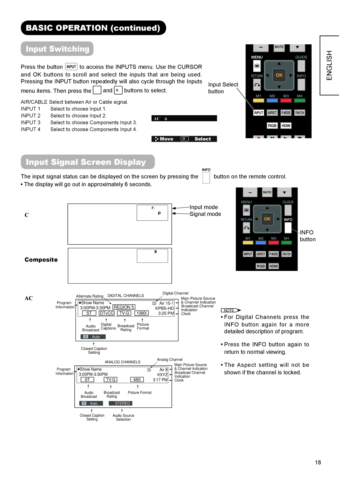 Hitachi AVC01U manual Basic Operation Input Switching, Input Signal Screen Display, Info 