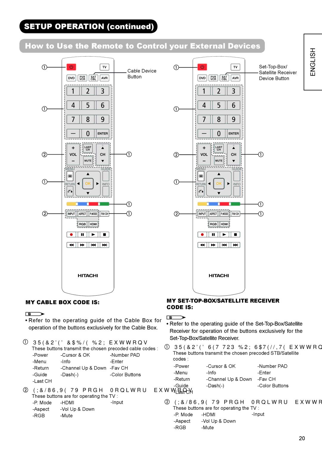 Hitachi AVC01U manual MY Cable BOX Code is, Precoded Cable BOX buttons, Exclusive TV mode Monitor buttons 