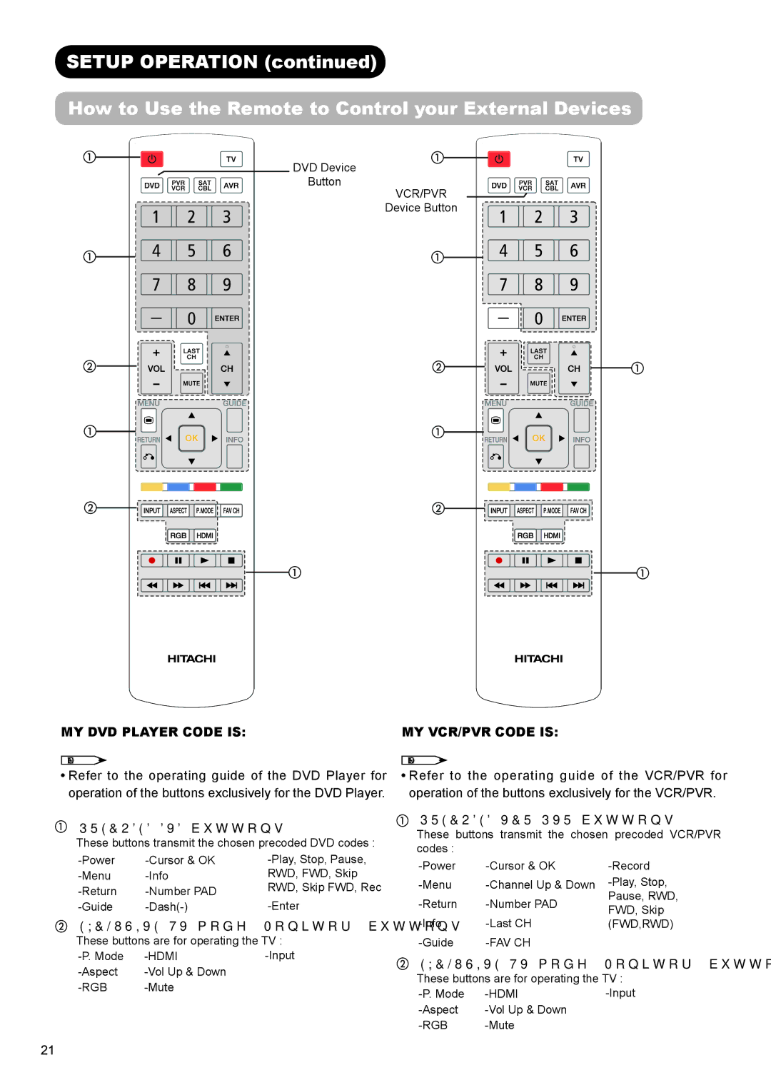 Hitachi AVC01U manual MY DVD Player Code is MY VCR/PVR Code is, Precoded DVD buttons, Precoded VCR/PVR buttons 