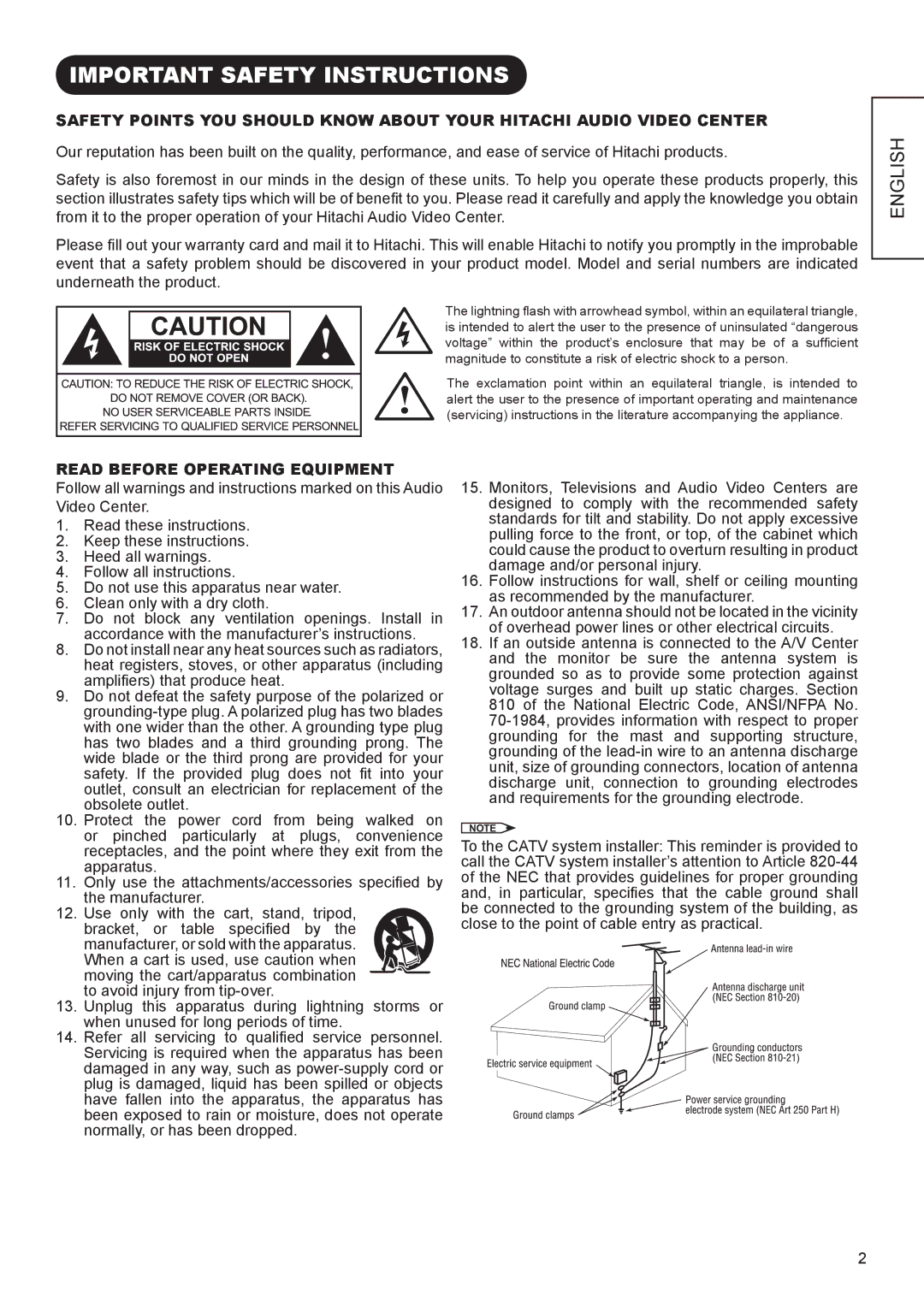 Hitachi AVC01U manual Important Safety Instructions, English 