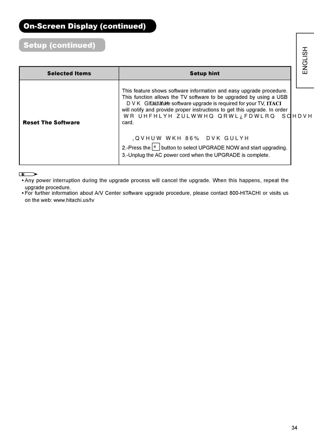 Hitachi AVC01U manual Reset The Software 