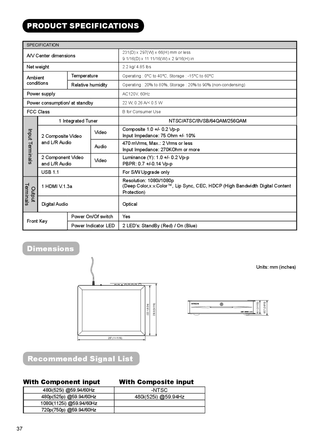 Hitachi AVC01U Product Specifications, Dimensions, Recommended Signal List, With Component input With Composite input 