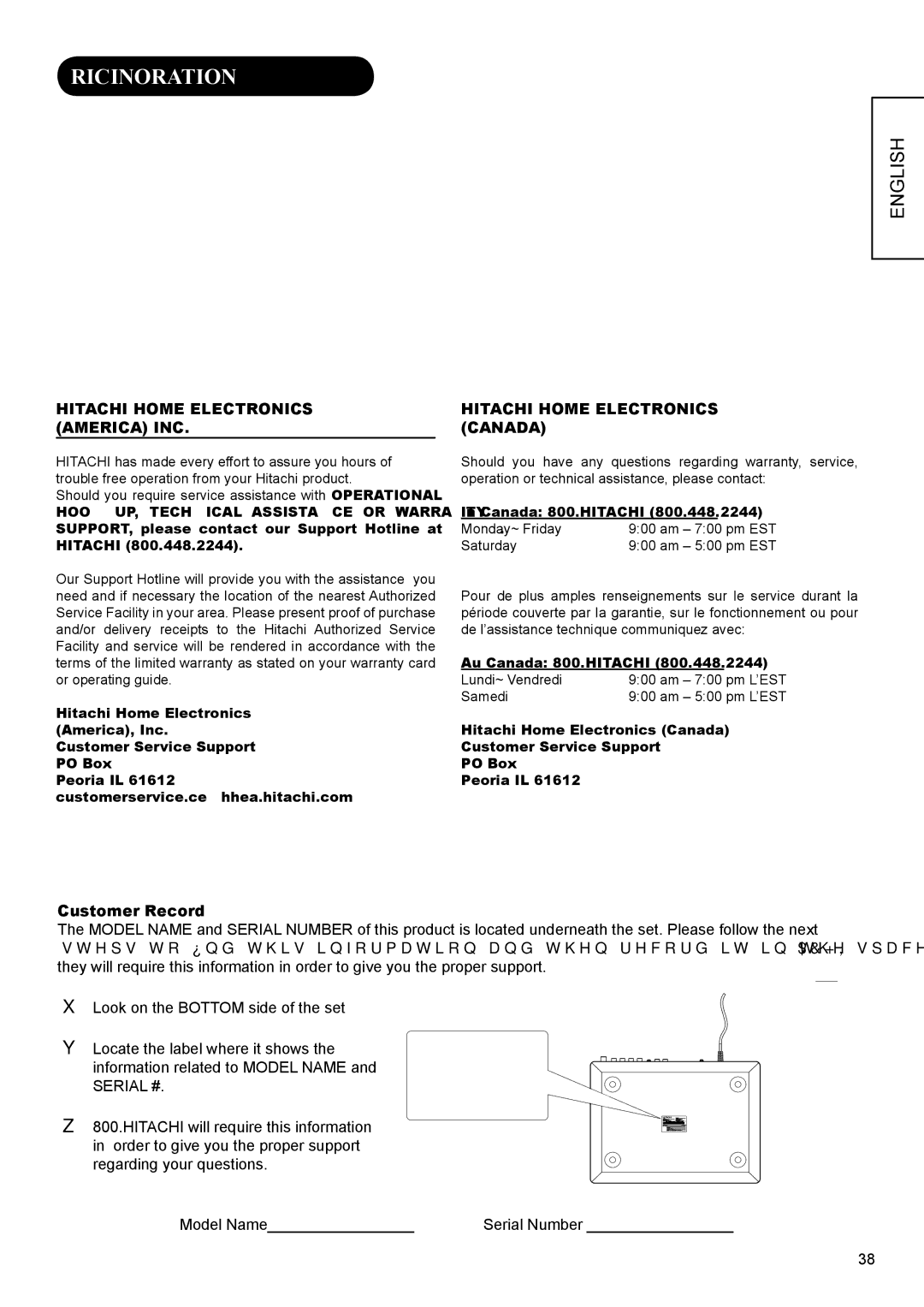 Hitachi AVC01U manual Service Information, Operational, hook up Warranty questions for your product, Customer Record 