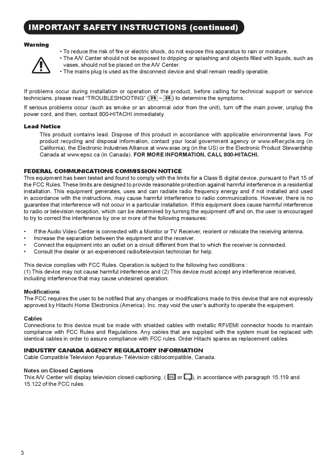 Hitachi AVC01U manual Important Safety Instructions, Federal Communications Commission Notice 