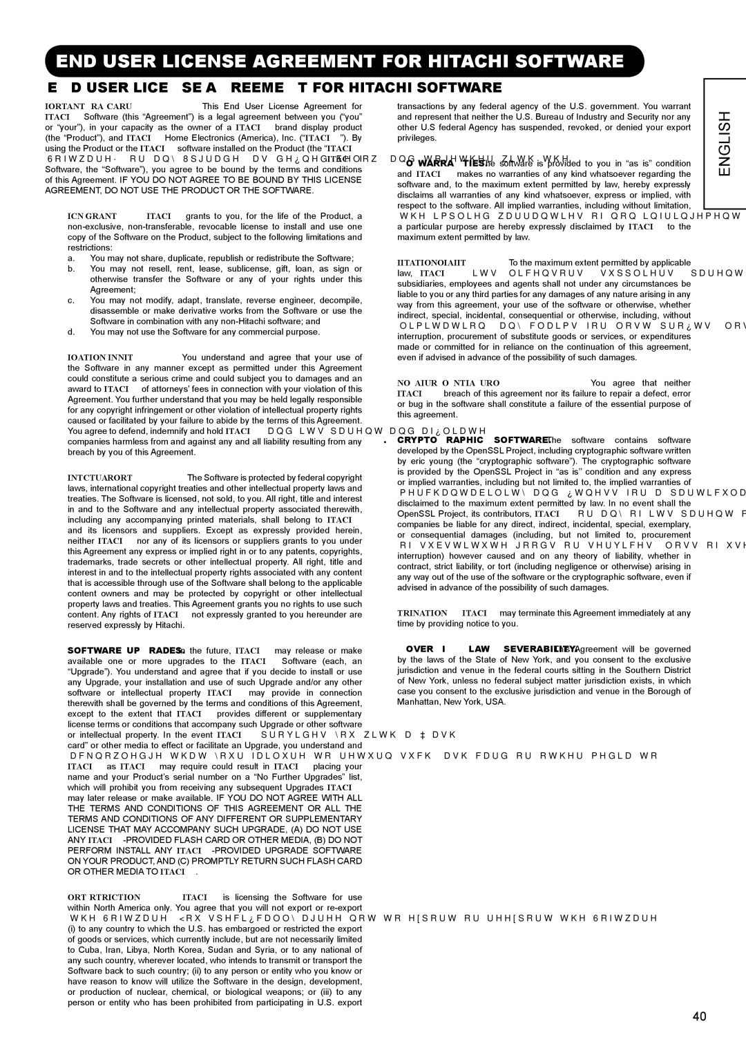 Hitachi AVC01U manual END User License Agreement for Hitachi Software 