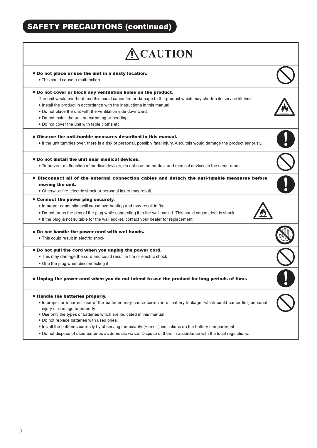 Hitachi AVC01U Do not place or use the unit in a dusty location, Observe the anti-tumble measures described in this manual 